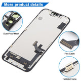 iPhone 14 JK Incell LCD Screen - close-up of dust-proof mesh, flex cable and middle frame
