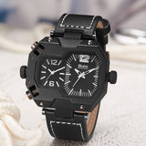 Oulm HP3878 Stylish Men Quartz Watch: Leather Watchband: Two Time Zones Wristwatch: Casual, Formal - Black - India Gadgetz