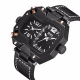 Oulm HP3878 Stylish Men Quartz Watch: Leather Watchband: Two Time Zones Wristwatch: Casual, Formal - Black - India Gadgetz